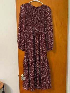 Burgundy Floral Long Sleeve Tiered Midi Dress, Brand: Paper Moon